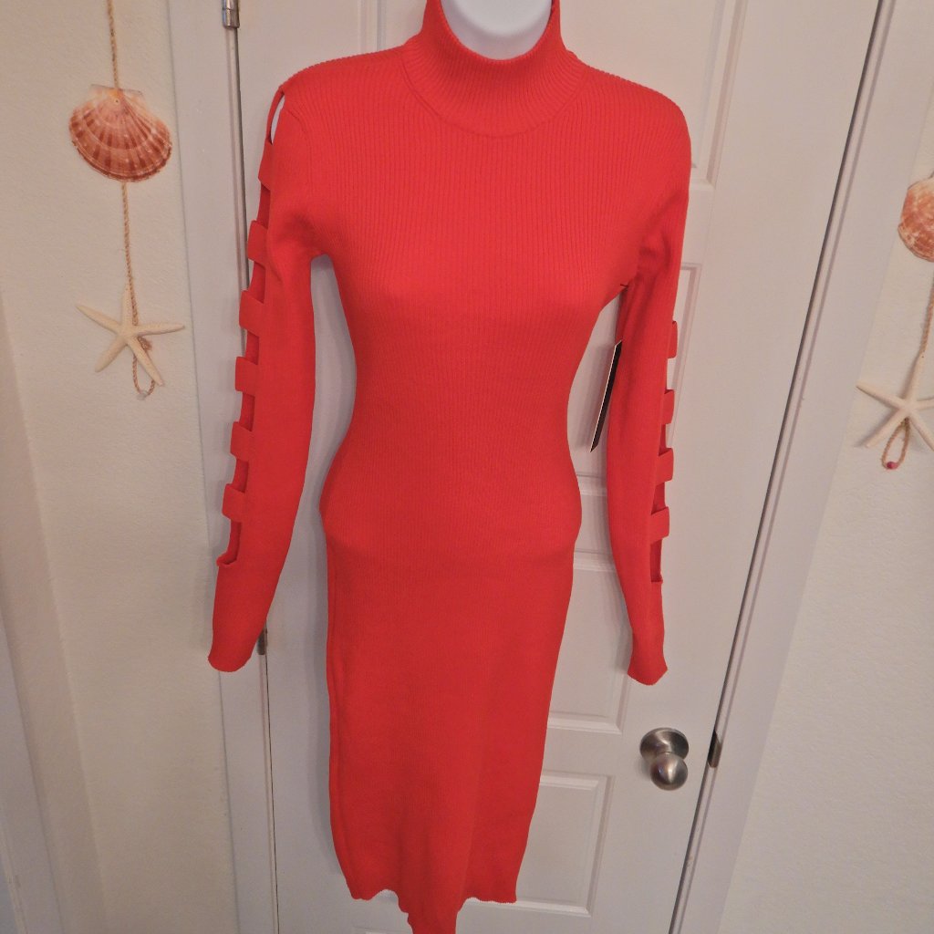Nwt Almost Famous Red Ribbed Sweater Midi Dress W/Cutout Long Sleeve & High Neck